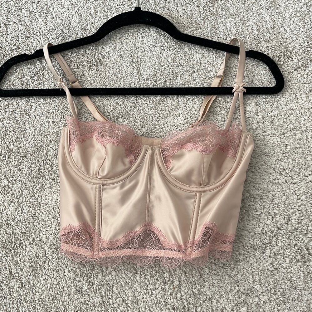 Victoria secret nude satin bustier top with pink lace